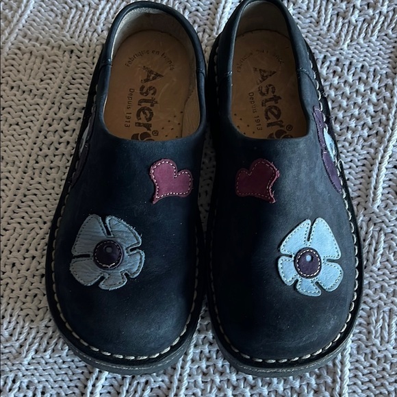 ASTER Dupuis 1913 European Children's Black Floral Slip-On Shoes Clogs Mules - Picture 1 of 6